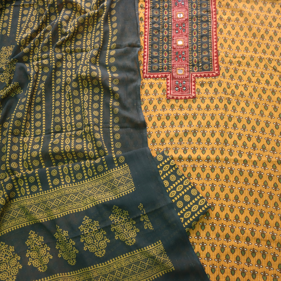 Ruhani Butter Yellow Ajrak Print Cotton Top With Printed Dupatta