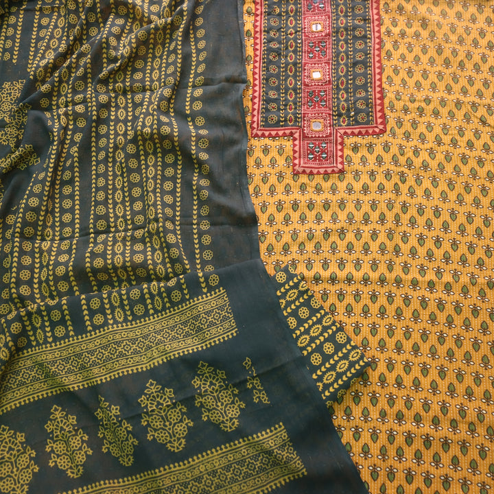 Ruhani Butter Yellow Ajrak Print Cotton Top With Printed Dupatta