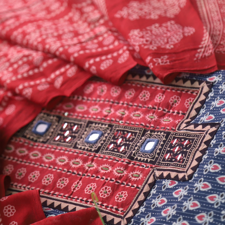 Ruhani Cobalt Blue Ajrak Print Cotton Top With Printed Dupatta