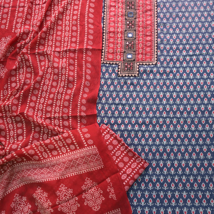Ruhani Cobalt Blue Ajrak Print Cotton Top With Printed Dupatta