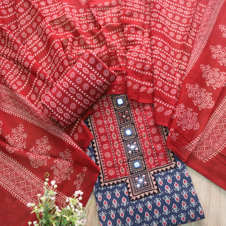 Ruhani Cobalt Blue Ajrak Print Cotton Top With Printed Dupatta