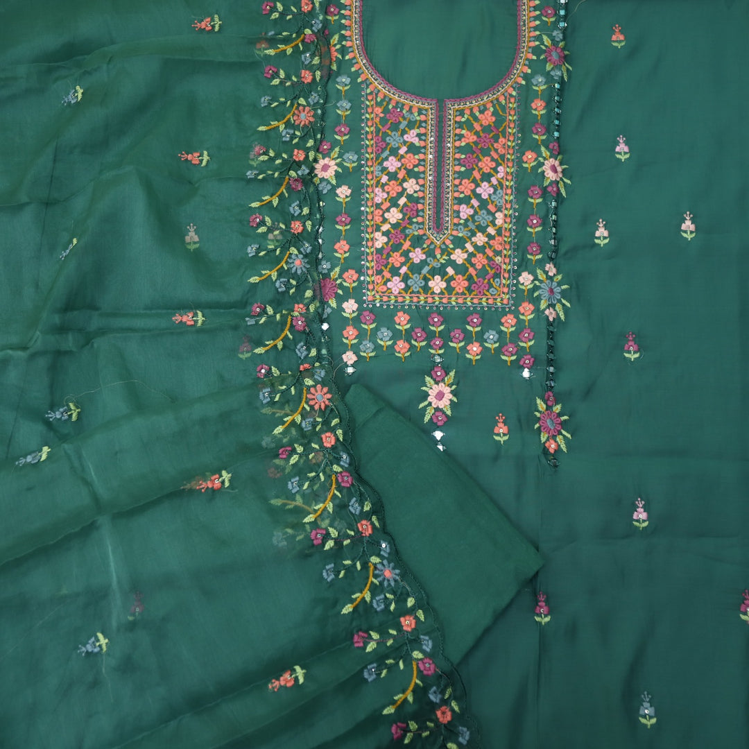 Ehtiyaat Dark Green Thread work Neck Cotton Silk Suit Set