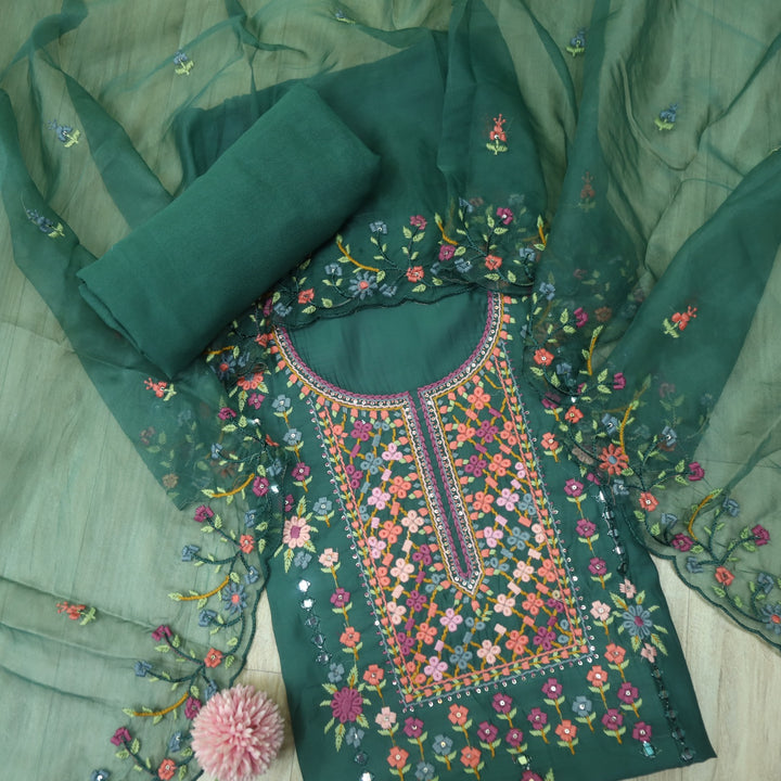 Ehtiyaat Dark Green Thread work Neck Cotton Silk Suit Set