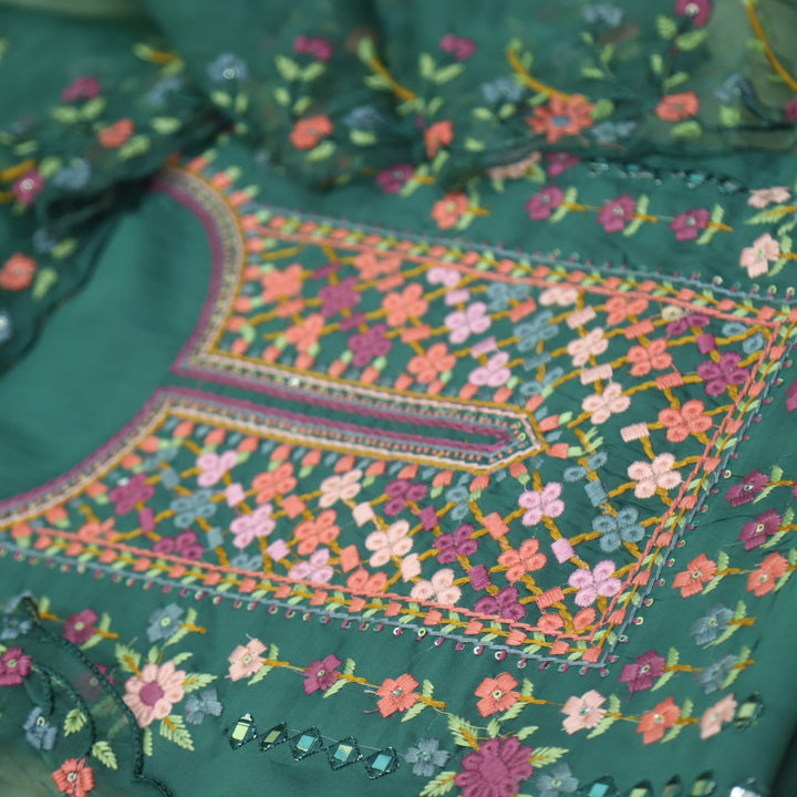 Ehtiyaat Dark Green Thread work Neck Cotton Silk Suit Set