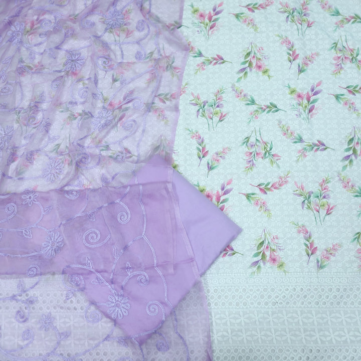 Hamsafar White with Purple Floral Printed Schiffli Work Cotton Suit Set