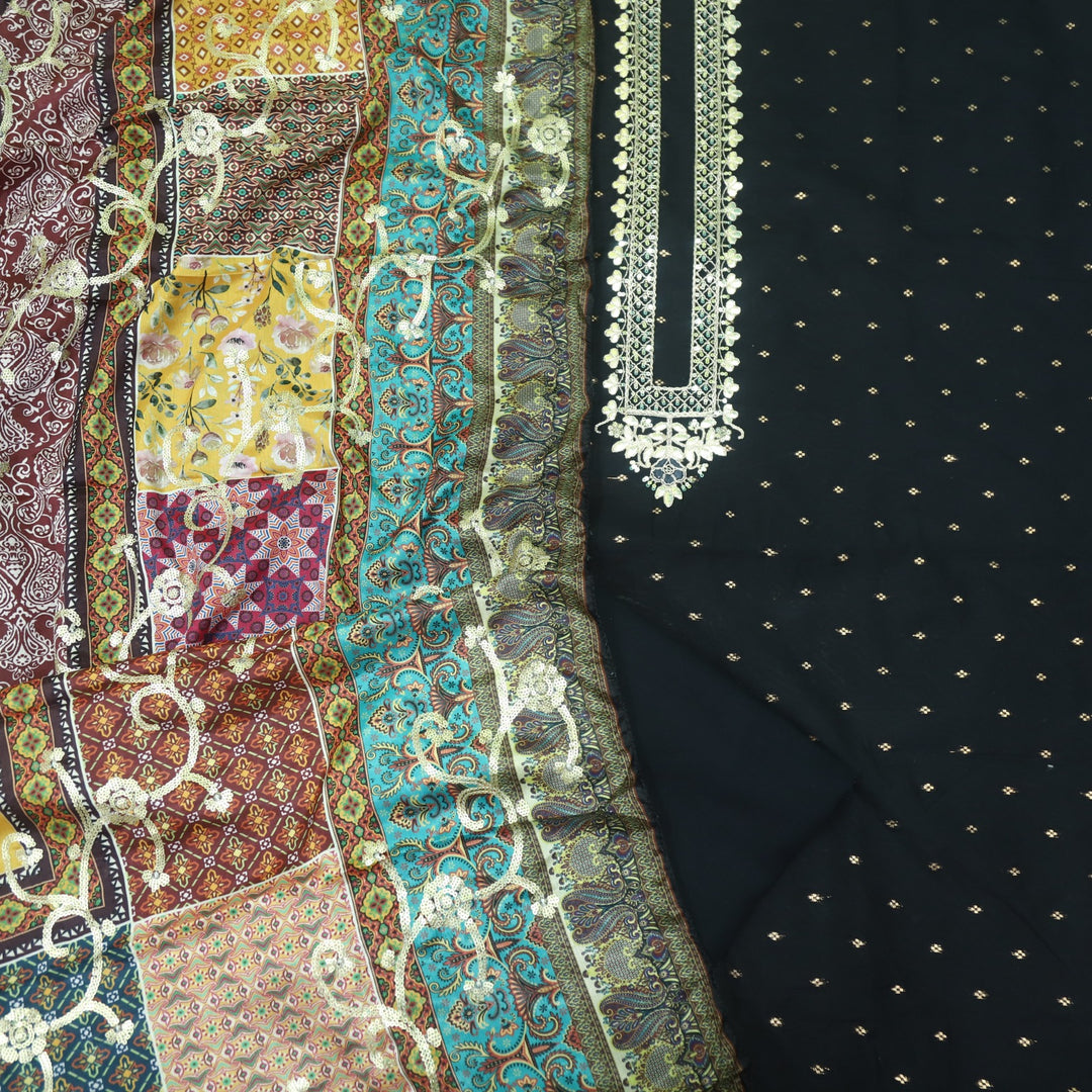 Dilbara Ebony Black Zari and Patra Neck Work Chanderi Suit Set