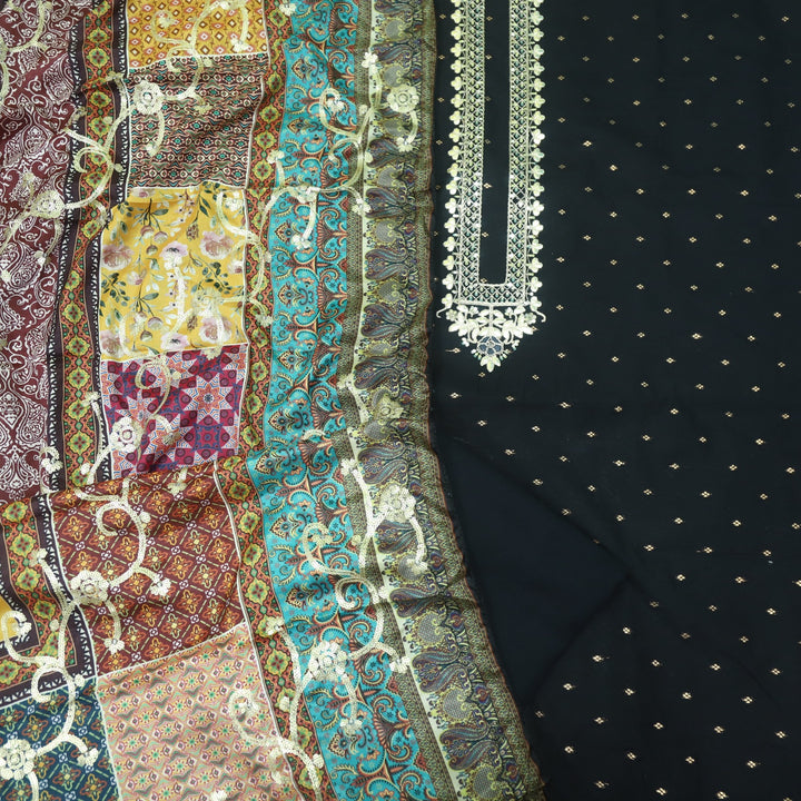 Dilbara Ebony Black Zari and Patra Neck Work Chanderi Suit Set