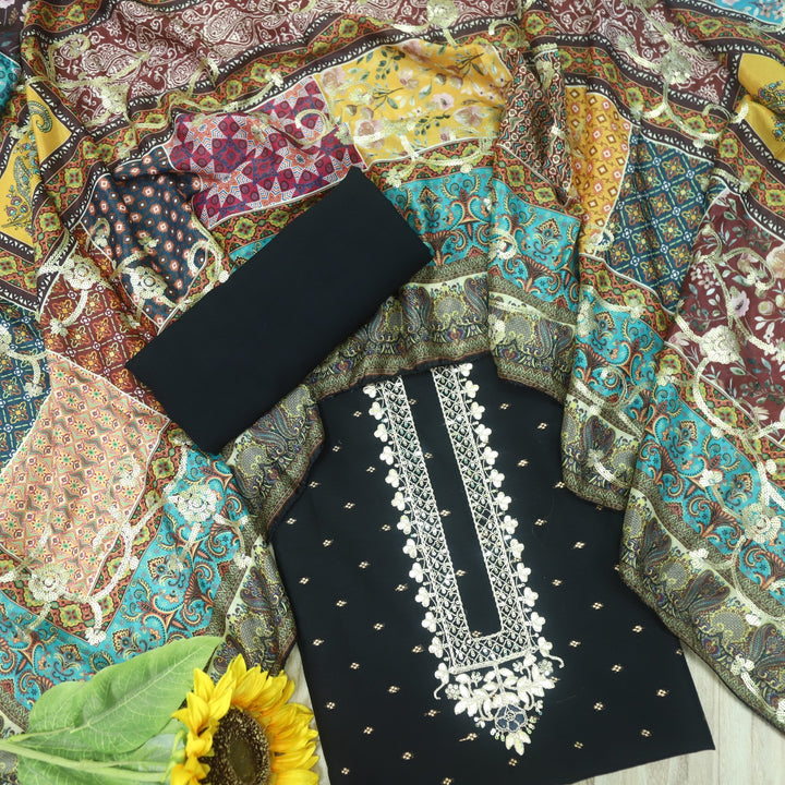 Dilbara Ebony Black Zari and Patra Neck Work Chanderi Suit Set