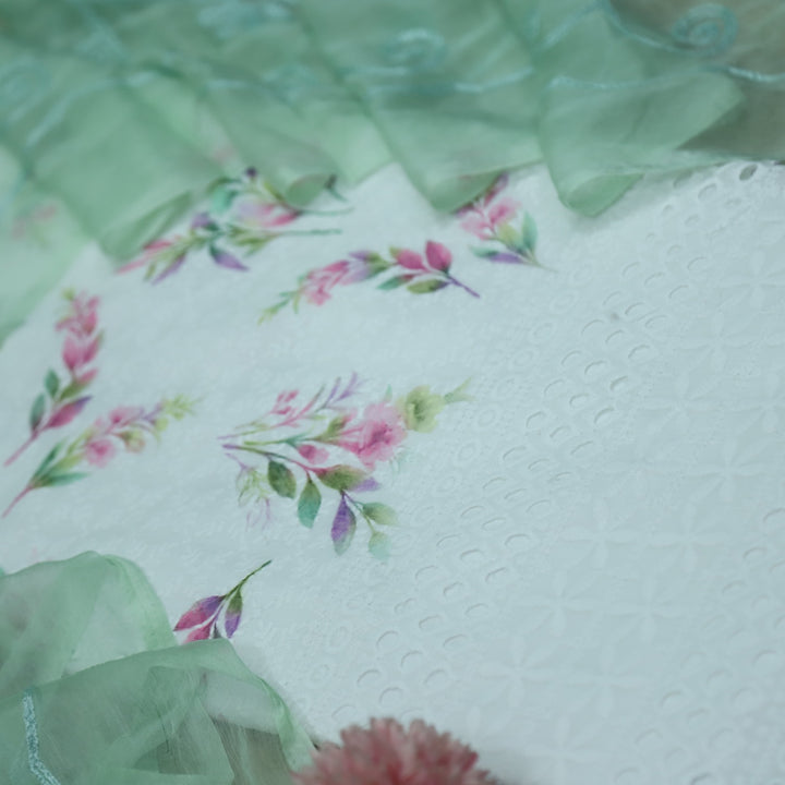 Hamsafar White with Mint Green Floral Printed Schiffli Work Cotton Suit Set