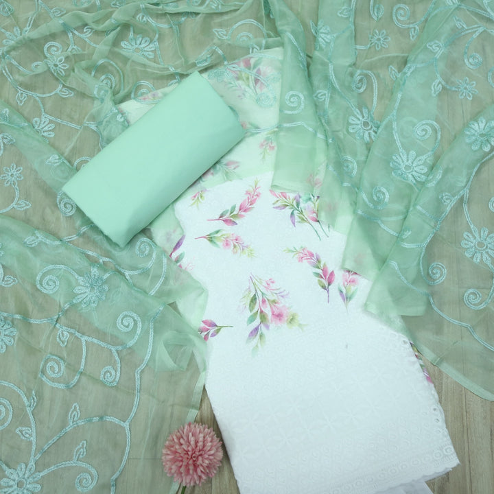 Hamsafar White with Mint Green Floral Printed Schiffli Work Cotton Suit Set