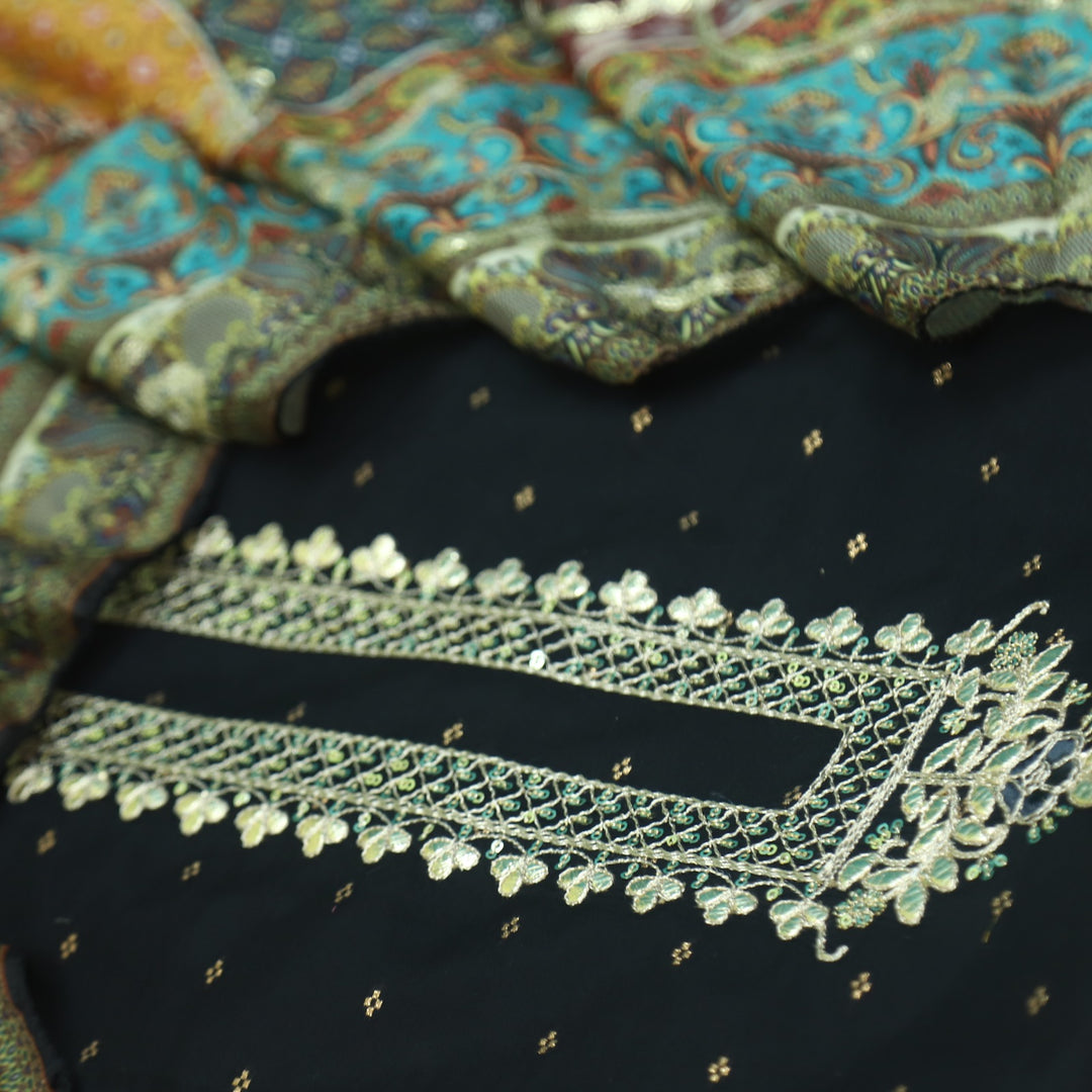 Dilbara Ebony Black Zari and Patra Neck Work Chanderi Suit Set