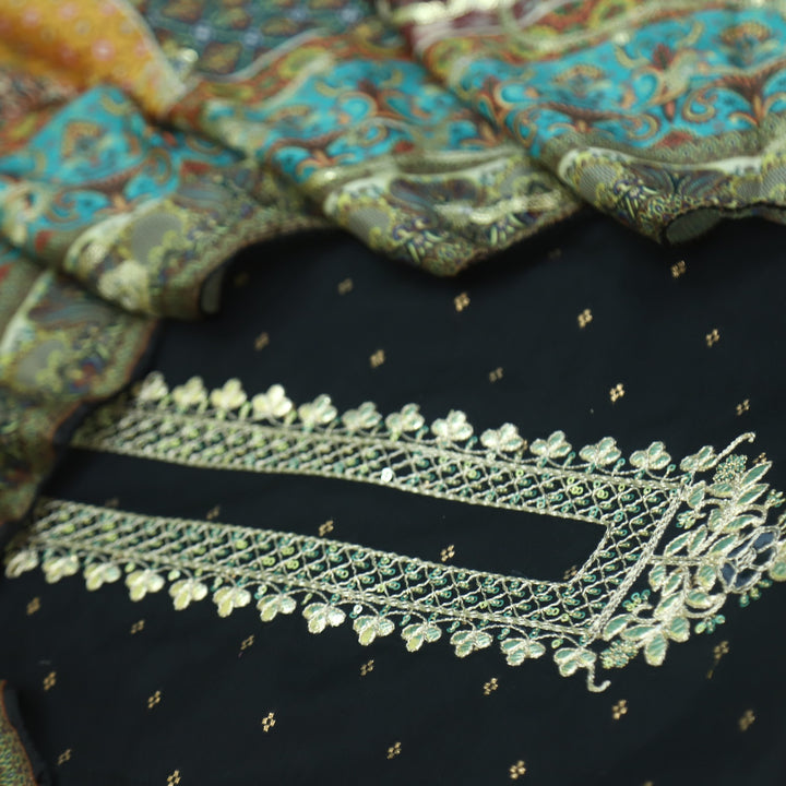 Dilbara Ebony Black Zari and Patra Neck Work Chanderi Suit Set