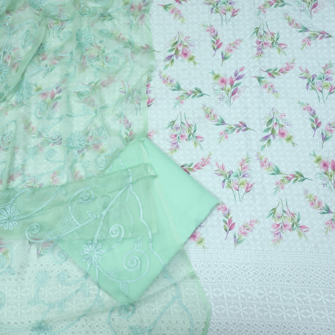 Hamsafar White with Mint Green Floral Printed Schiffli Work Cotton Suit Set