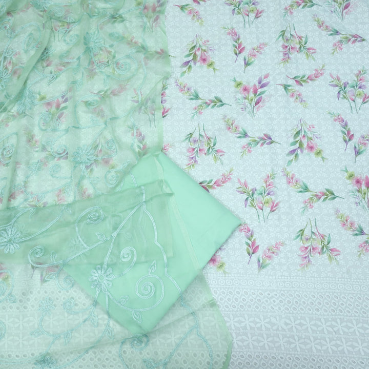 Hamsafar White with Mint Green Floral Printed Schiffli Work Cotton Suit Set