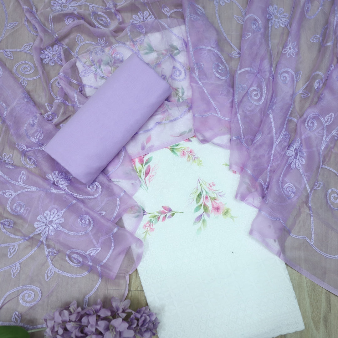 Hamsafar White with Purple Floral Printed Schiffli Work Cotton Suit Set