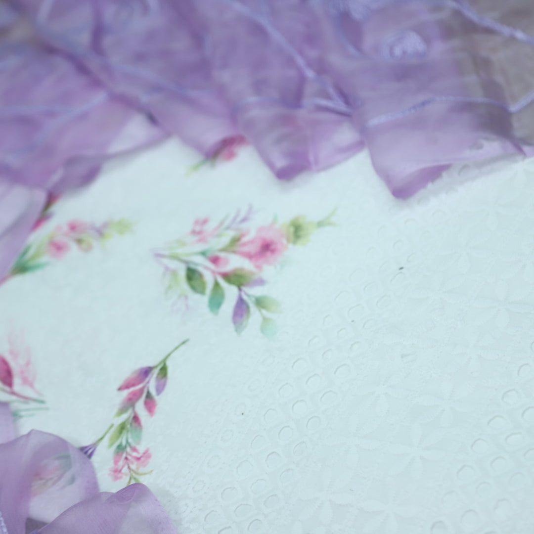 Hamsafar White with Purple Floral Printed Schiffli Work Cotton Suit Set