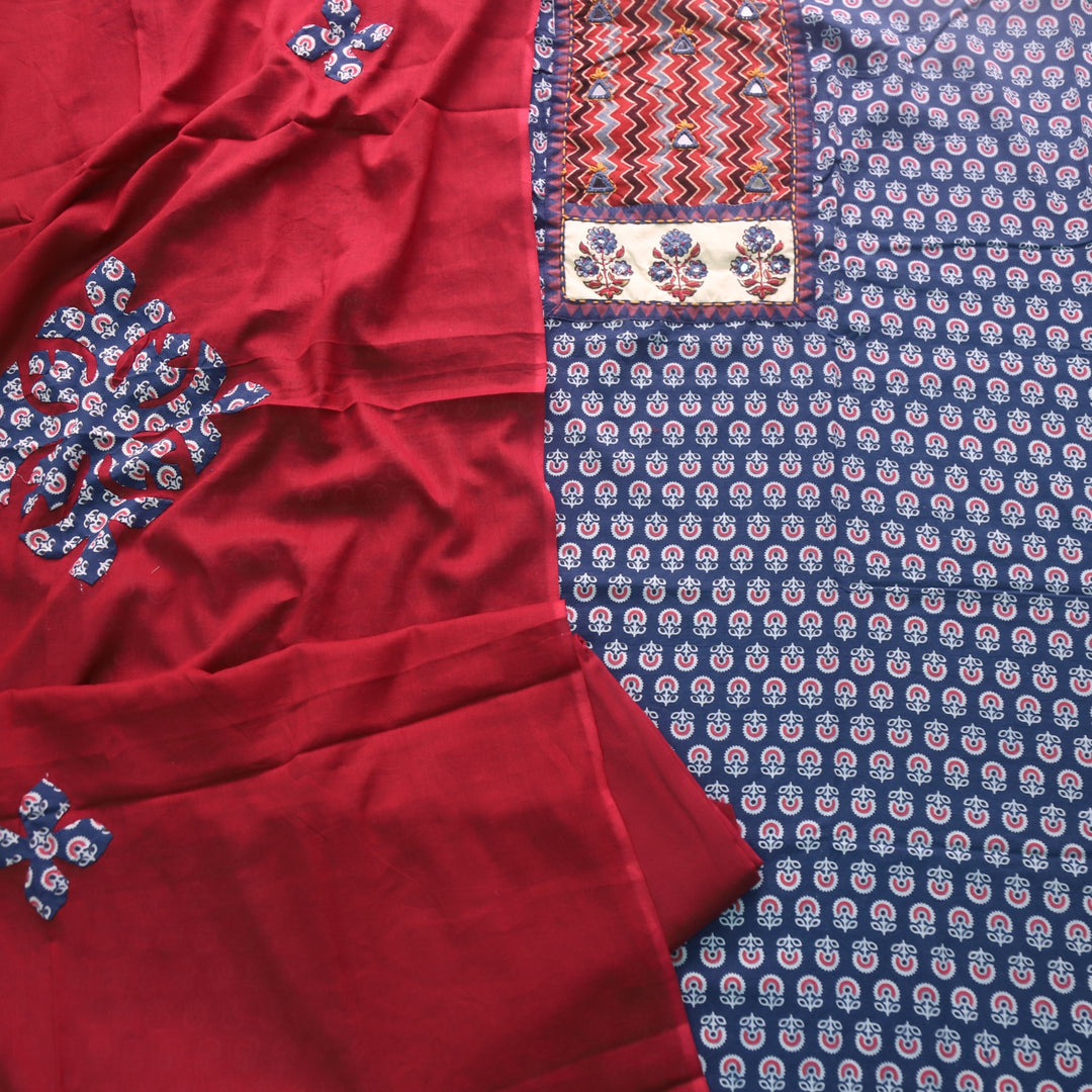 Ruhani Denim Blue Ajrak Print Mirror Work Cotton Top With Printed Dupatta