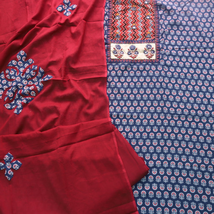 Ruhani Denim Blue Ajrak Print Mirror Work Cotton Top With Printed Dupatta