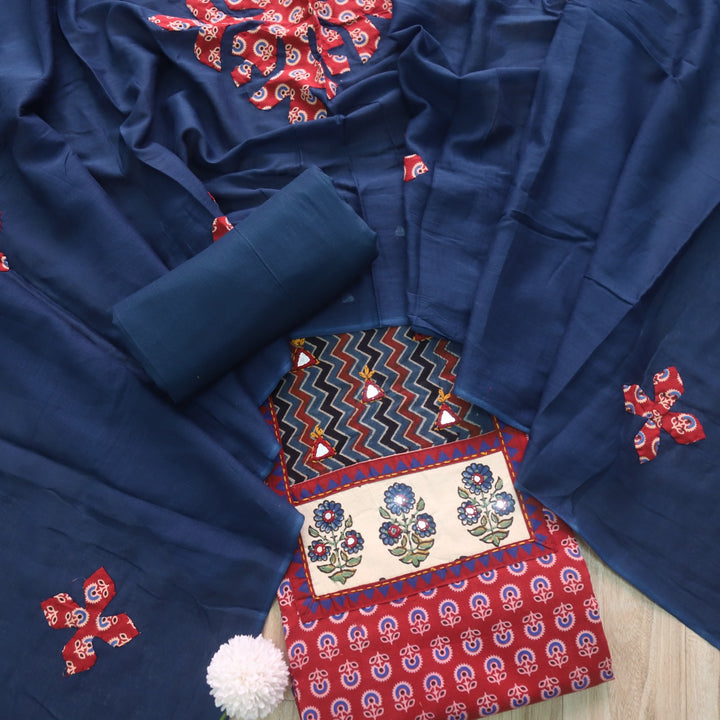 Ruhani Cherry Red  Ajrak Print Mirror Work Cotton Top With Printed Dupatta