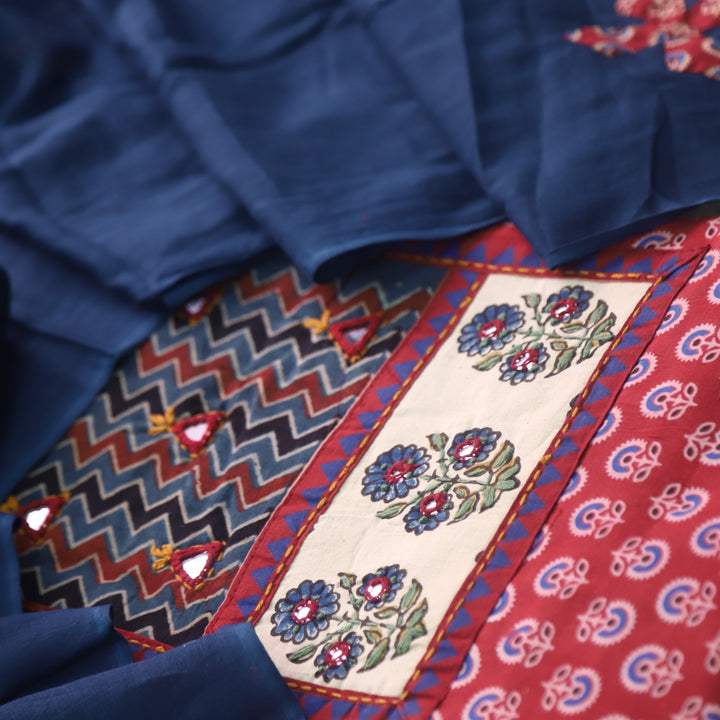 Ruhani Cherry Red  Ajrak Print Mirror Work Cotton Top With Printed Dupatta