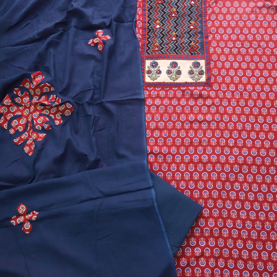 Ruhani Cherry Red  Ajrak Print Mirror Work Cotton Top With Printed Dupatta