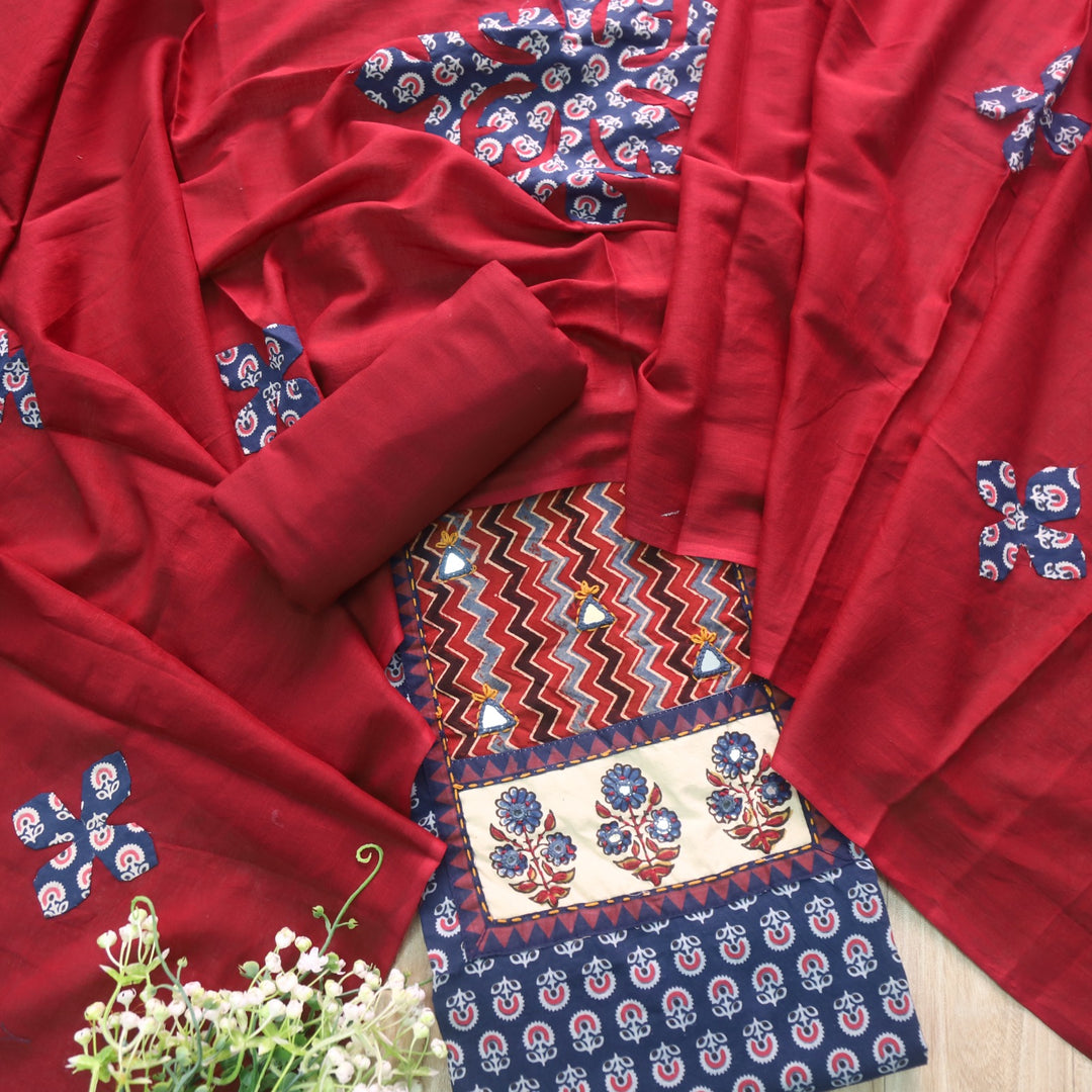 Ruhani Denim Blue Ajrak Print Mirror Work Cotton Top With Printed Dupatta