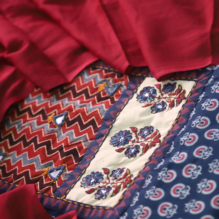 Ruhani Denim Blue Ajrak Print Mirror Work Cotton Top With Printed Dupatta