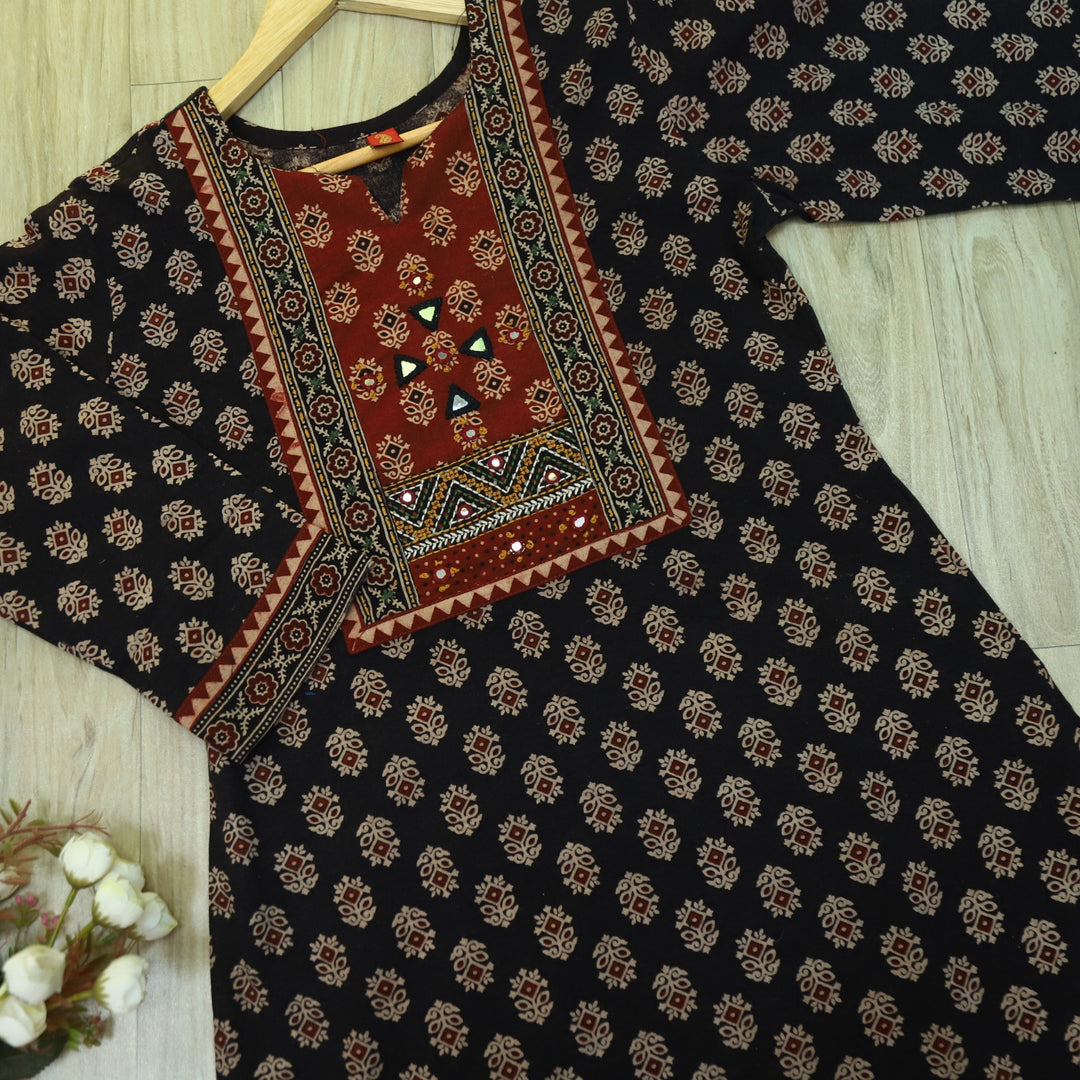 Chaahat Shadow Black Kutch Mirror Neck Work Ajrak Print Cotton Kurti-D1