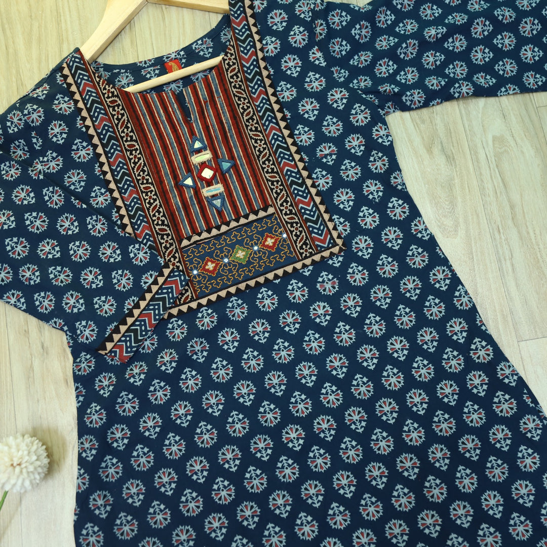 Chaahat Denim Blue Kutch Mirror Neck Work Ajrak Print Cotton Kurti-D2