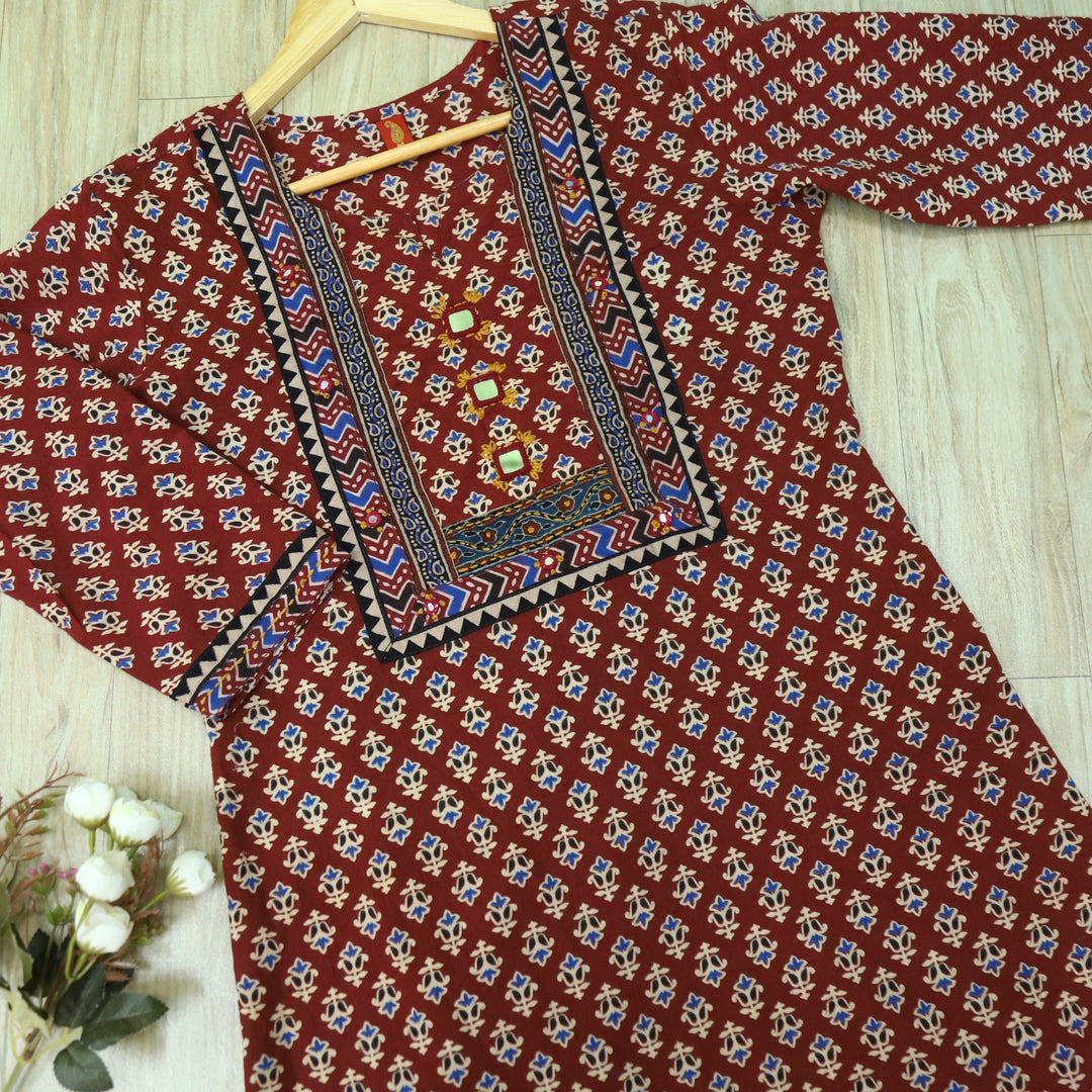 Chaahat Apple Red Kutch Mirror Neck Work Ajrak Print Cotton Kurti
