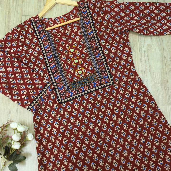 Chaahat Apple Red Kutch Mirror Neck Work Ajrak Print Cotton Kurti