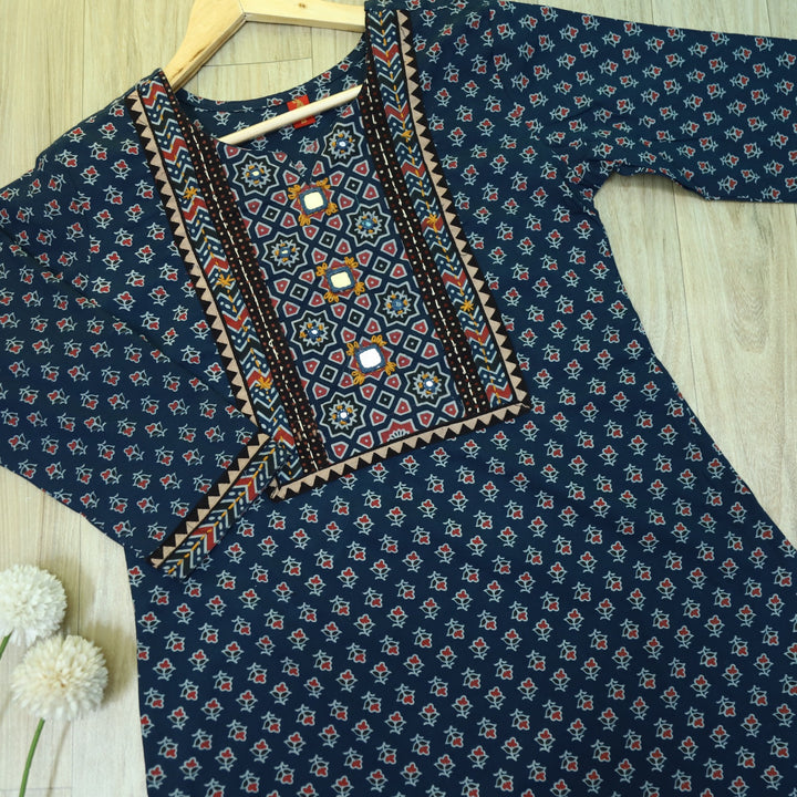 Chaahat Denim Blue Kutch Mirror Neck Work Ajrak Print Cotton Kurti