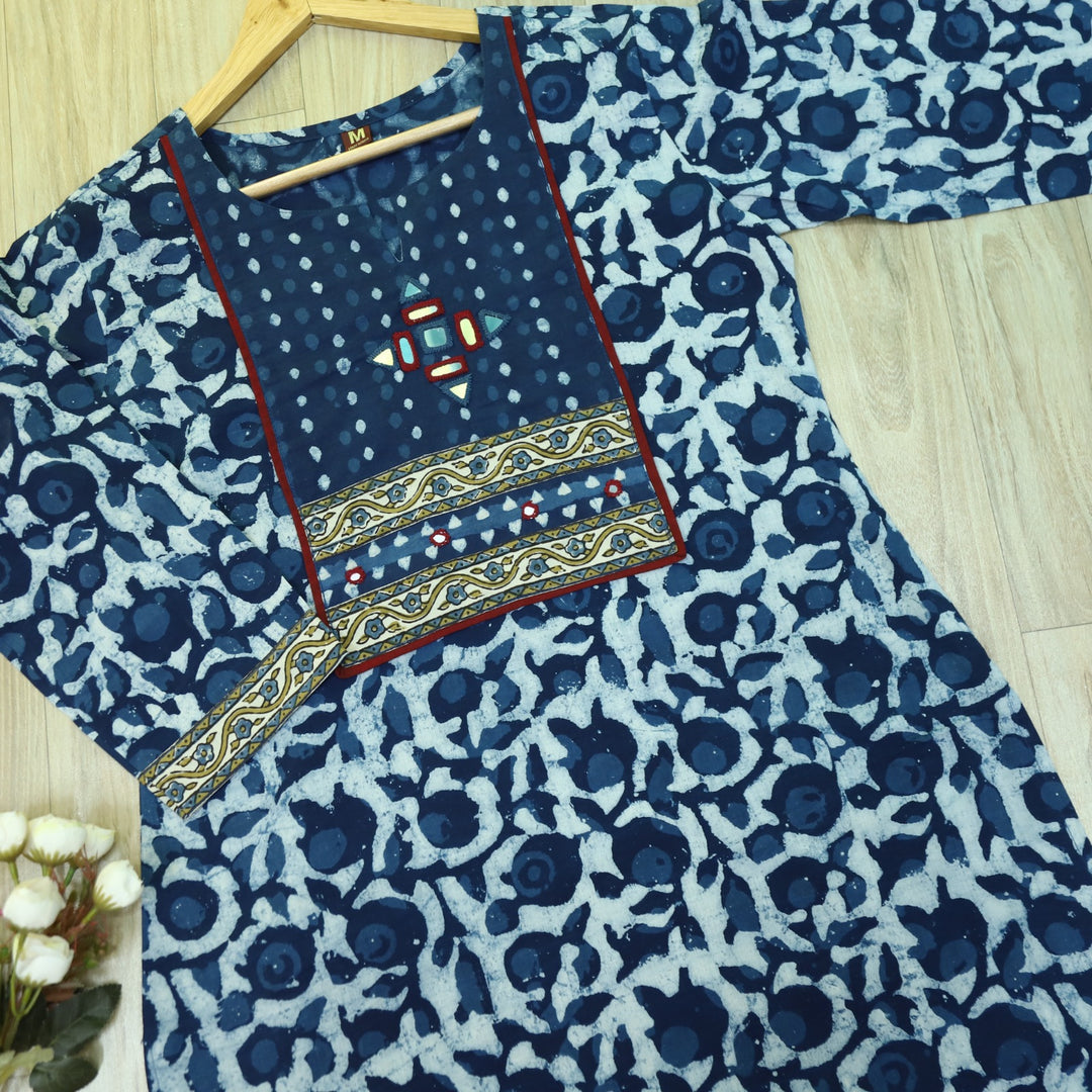 Chaahat Indigo Blue Kutch Mirror Neck Work Ajrak Print Cotton Kurti-D1