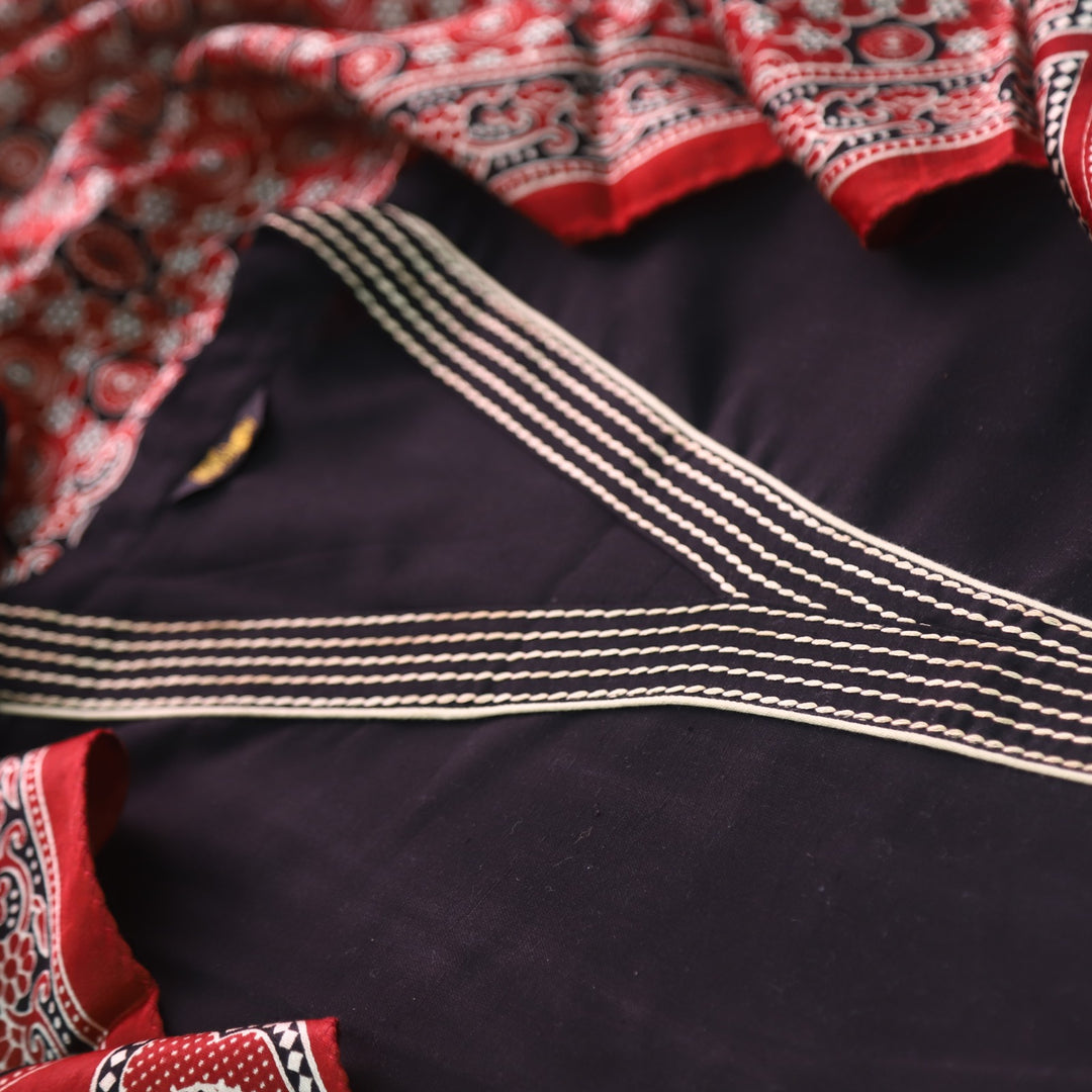 Satranga Ebony Black V neck Thread Work Cotton Flex Suit Set D3