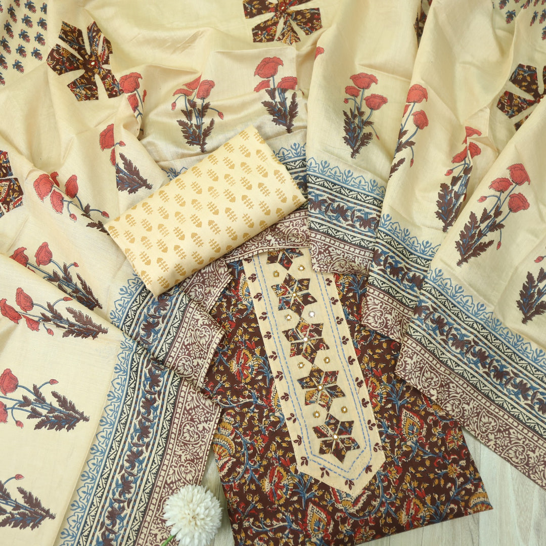 Jhanjhar Maroon Red Patch Work Kalamkari Printed Cotton Suit Set