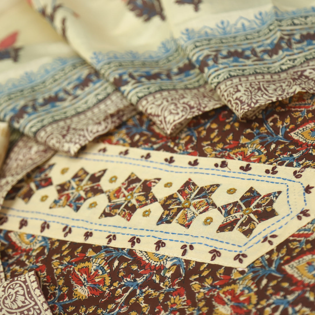 Jhanjhar Maroon Red Patch Work Kalamkari Printed Cotton Suit Set
