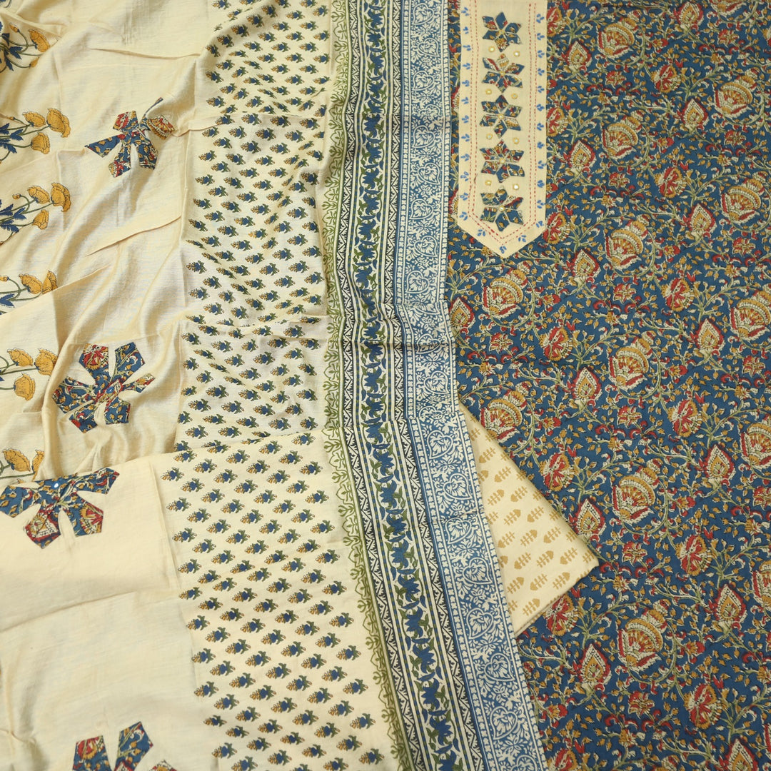 Jhanjhar Sapphire Blue Patch Work Kalamkari Printed Cotton Suit Set