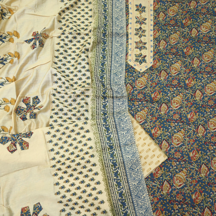 Jhanjhar Sapphire Blue Patch Work Kalamkari Printed Cotton Suit Set