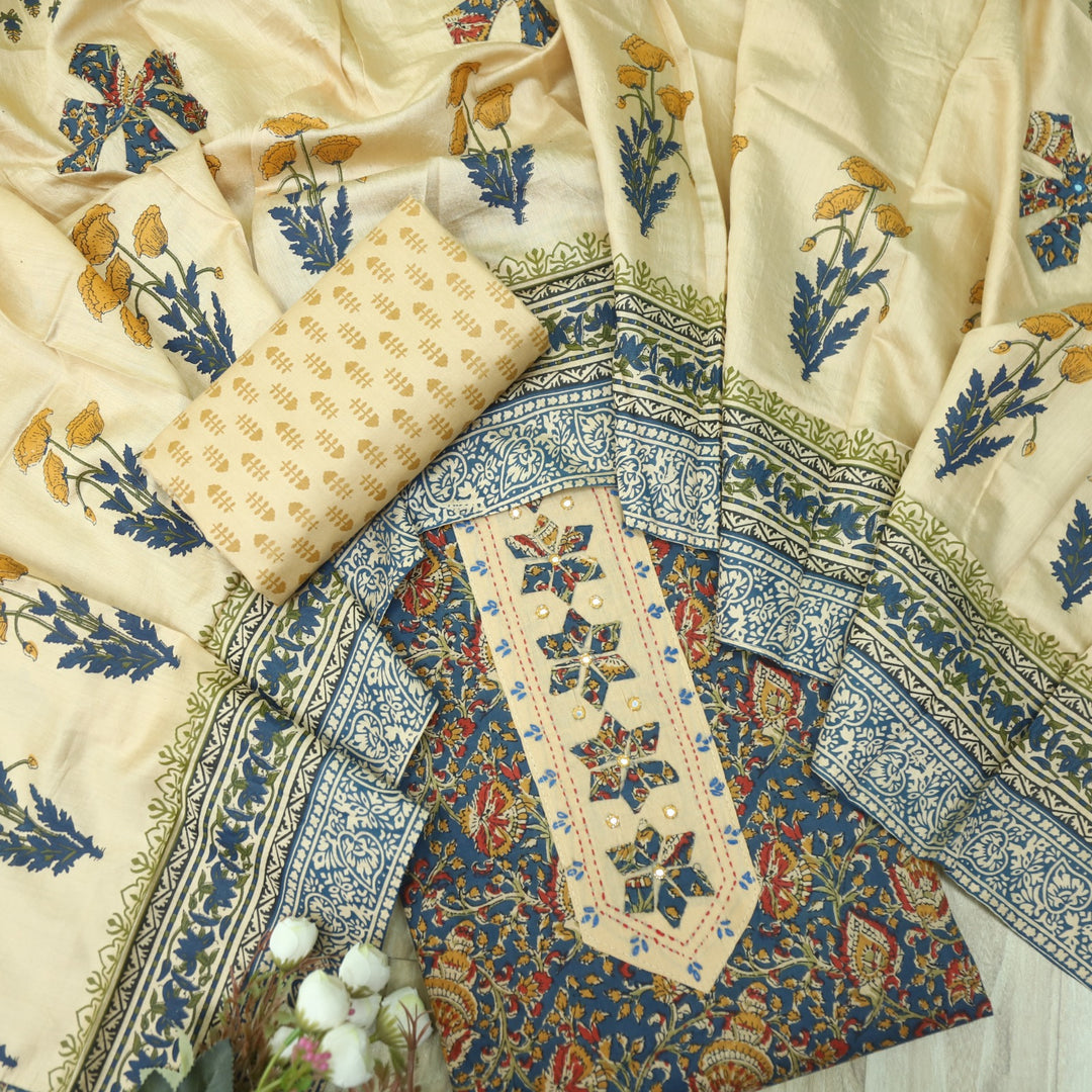 Jhanjhar Sapphire Blue Patch Work Kalamkari Printed Cotton Suit Set