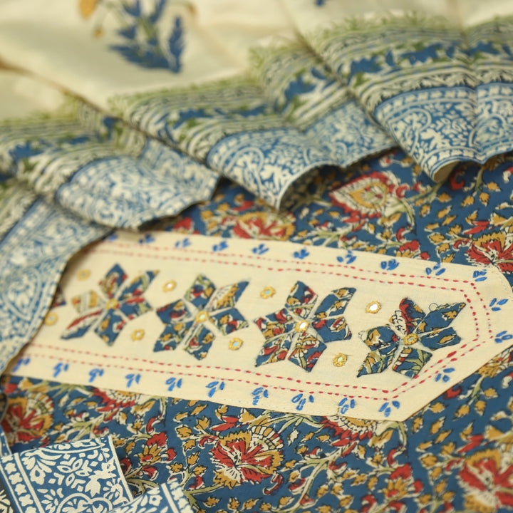 Jhanjhar Sapphire Blue Patch Work Kalamkari Printed Cotton Suit Set