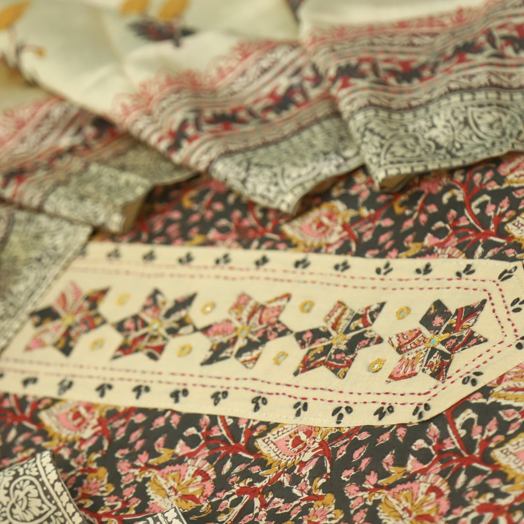 Jhanjhar Faded Black Patch Work Kalamkari Printed Cotton Suit Set