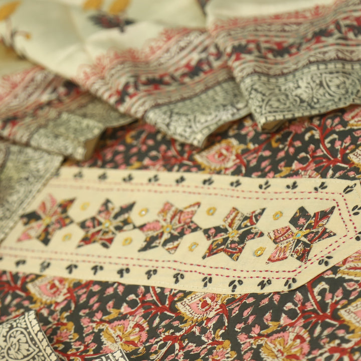 Jhanjhar Faded Black Patch Work Kalamkari Printed Cotton Suit Set