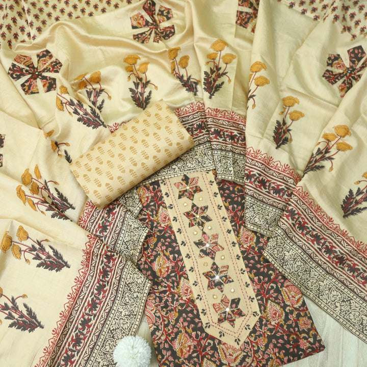Jhanjhar Faded Black Patch Work Kalamkari Printed Cotton Suit Set