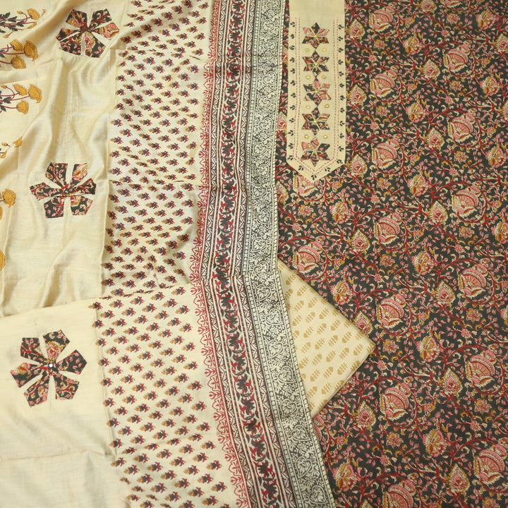 Jhanjhar Faded Black Patch Work Kalamkari Printed Cotton Suit Set