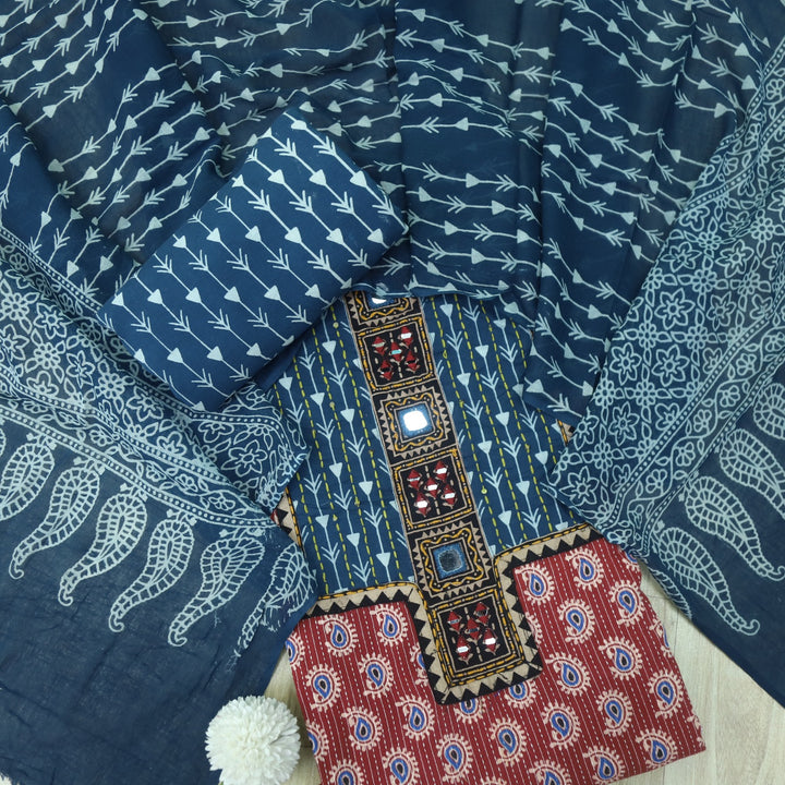 Ruhani Mirchi Red Ajrak Print Cotton Top With Printed Dupatta