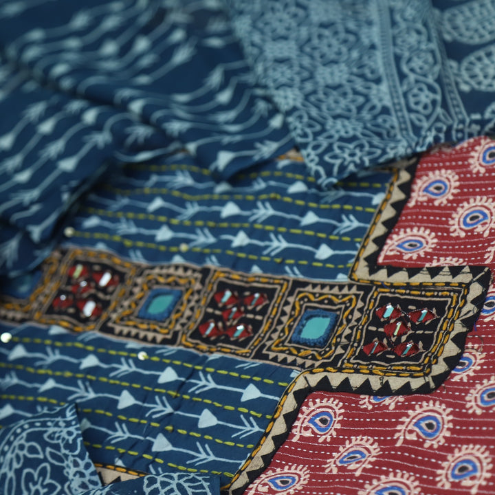 Ruhani Mirchi Red Ajrak Print Cotton Top With Printed Dupatta