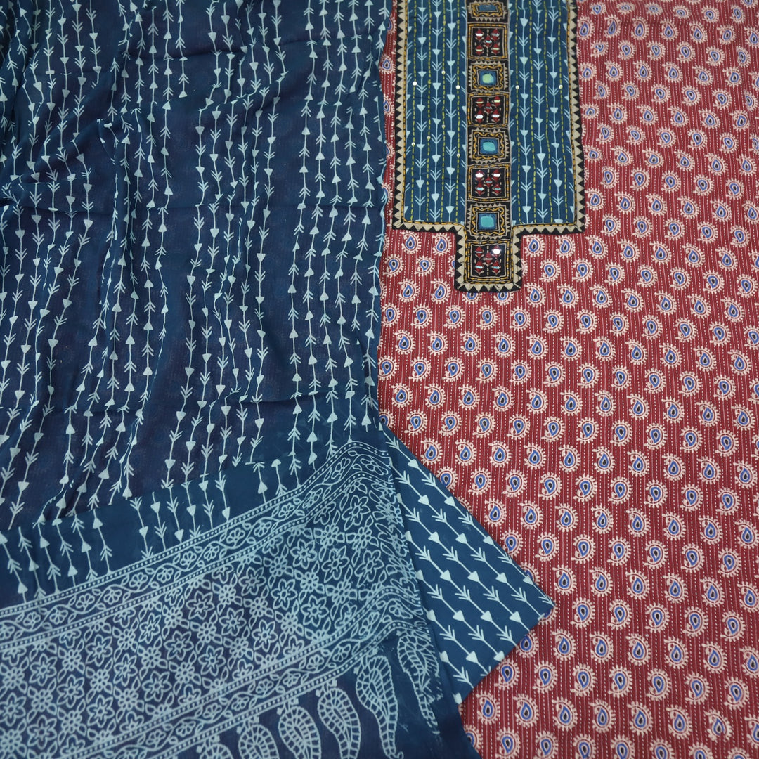 Ruhani Mirchi Red Ajrak Print Cotton Top With Printed Dupatta