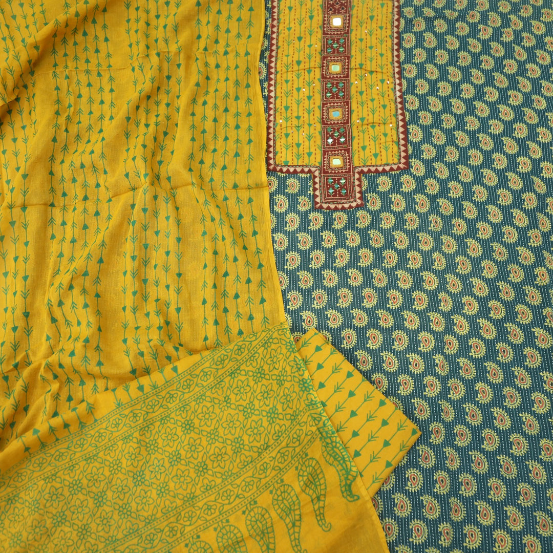 Ruhani Deep Green Ajrak Print Cotton Top With Printed Dupatta