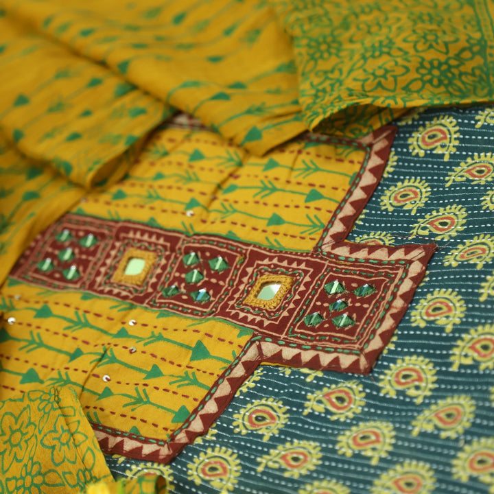 Ruhani Deep Green Ajrak Print Cotton Top With Printed Dupatta