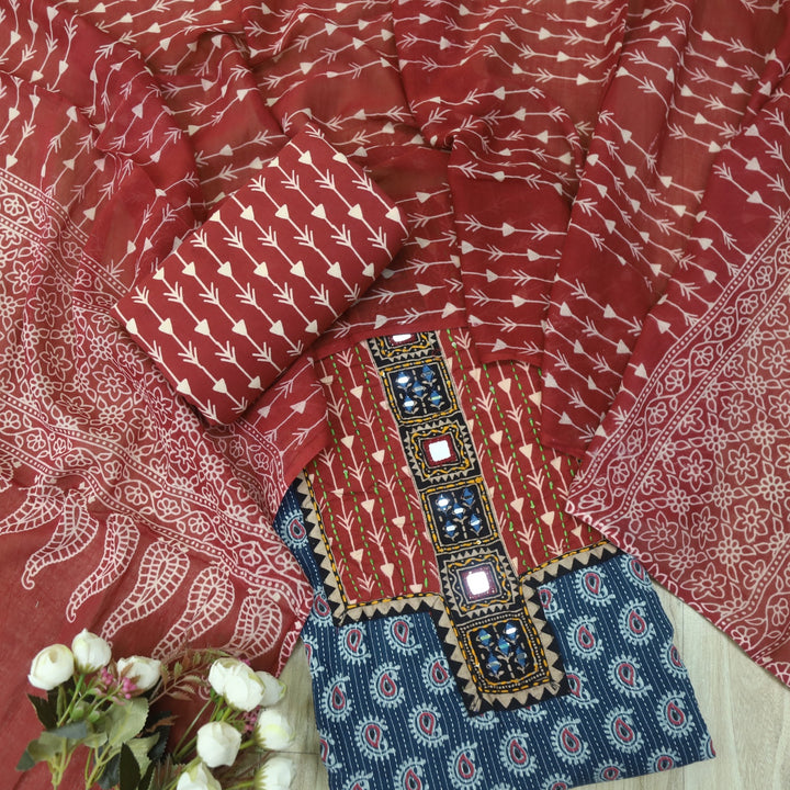 Ruhani Denim Blue Ajrak Print Cotton Top With Printed Dupatta